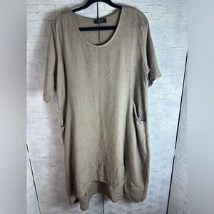 SAGA linen Dress Hilo green embroidered, bohemian hippie laganlook pockets